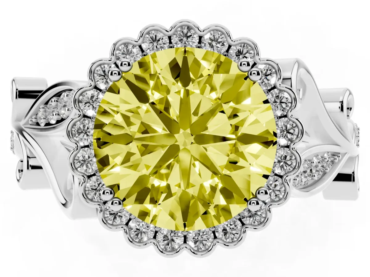 Fancy Yellow Round Cut Diamond Halo Ring with Vintage Split Shank and Four-Prong Setting Silver