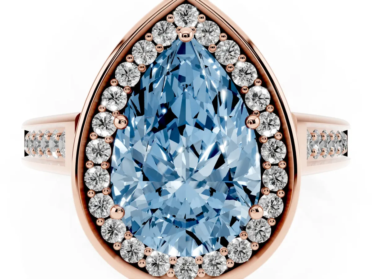 Fancy Blue Pear Cut Halo Solitaire Diamond Ring with Pave Band and Bezel Setting Rose gold