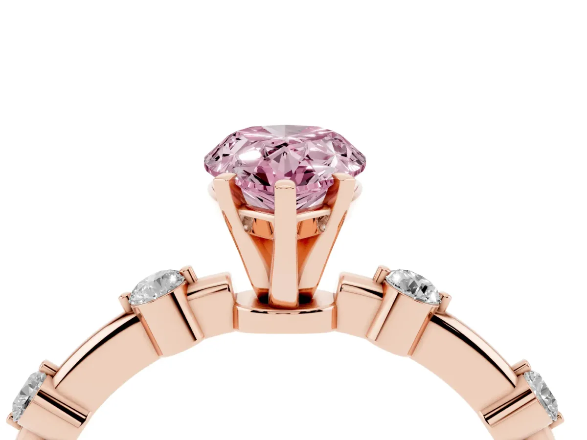 Fancy Pink Pear Cut Solitaire Diamond Ring with Bezel Set Side Stones and Prong Setting Rose gold