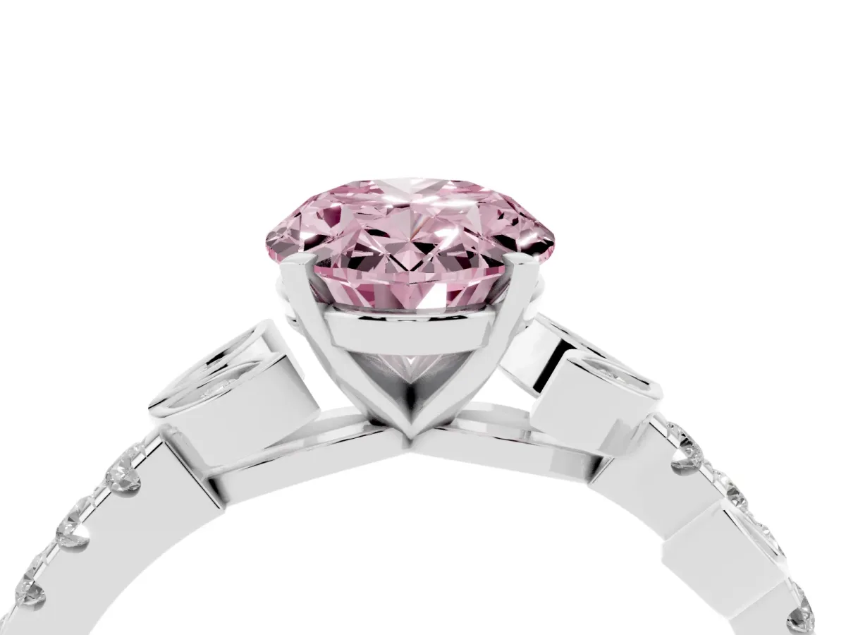 Fancy Pink Oval Cut Solitaire Leaf-Inspired Diamond Ring with Pavé Band and Four-Prong Setting Silver