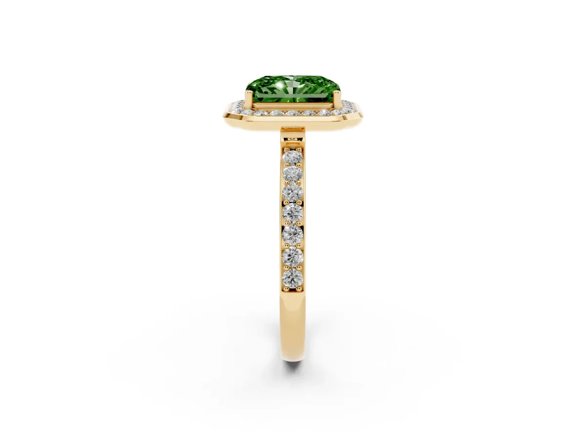 Fancy Green Radiant Cut Diamond Halo Ring with Bezel Frame and Pavé Band Yellow gold