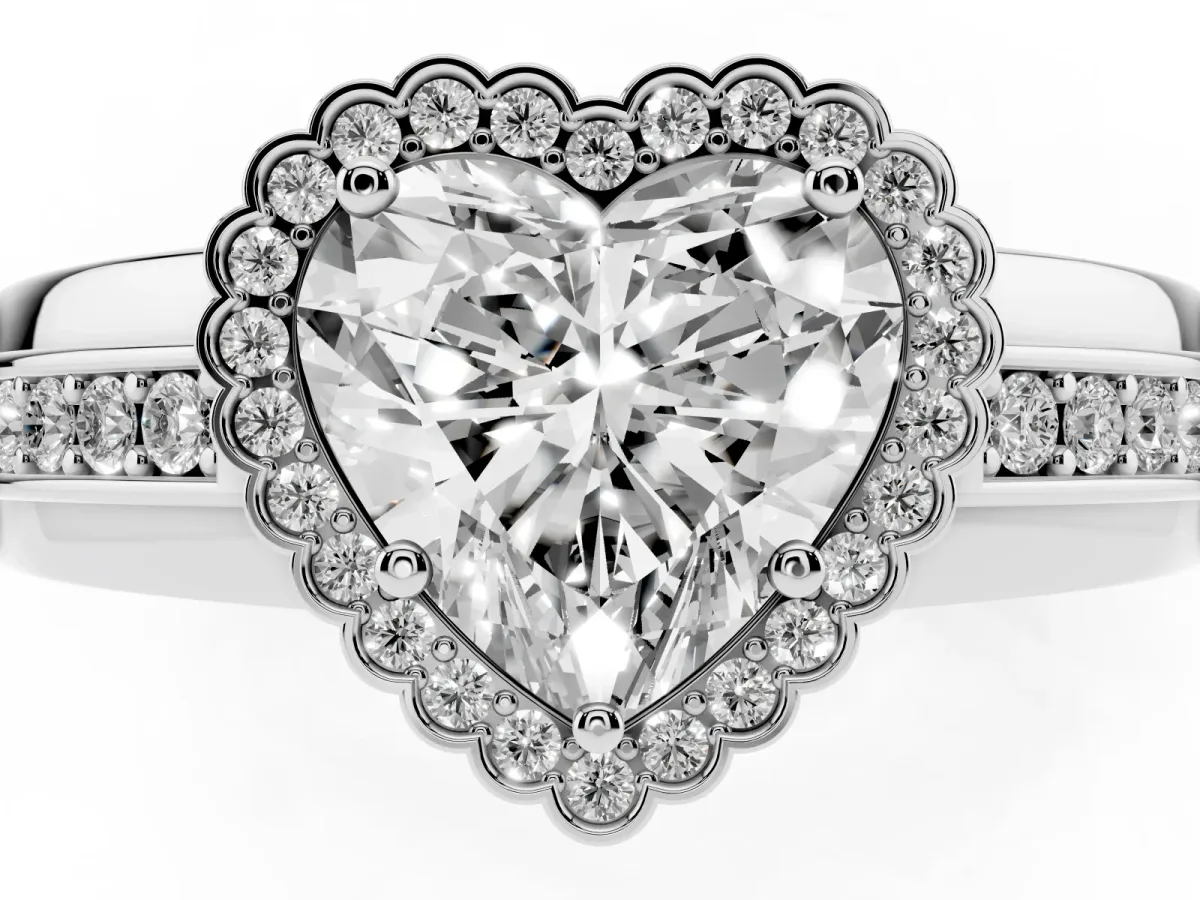 Heart Cut Cut Halo Pave Band Four-Prong Ring Silver