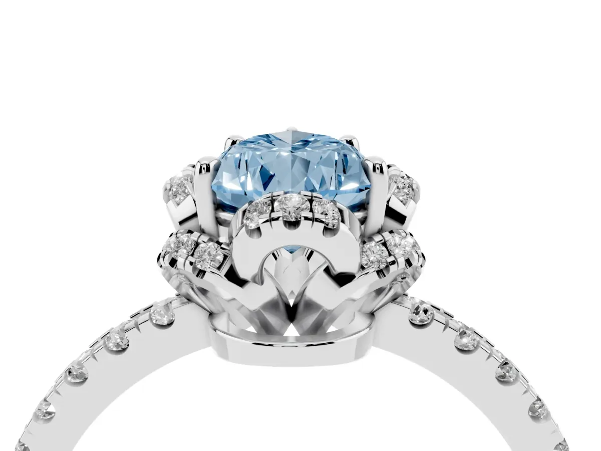 Fancy Blue Pear Cut Halo Diamond Pave Band Ring with Four-Prong Setting Silver