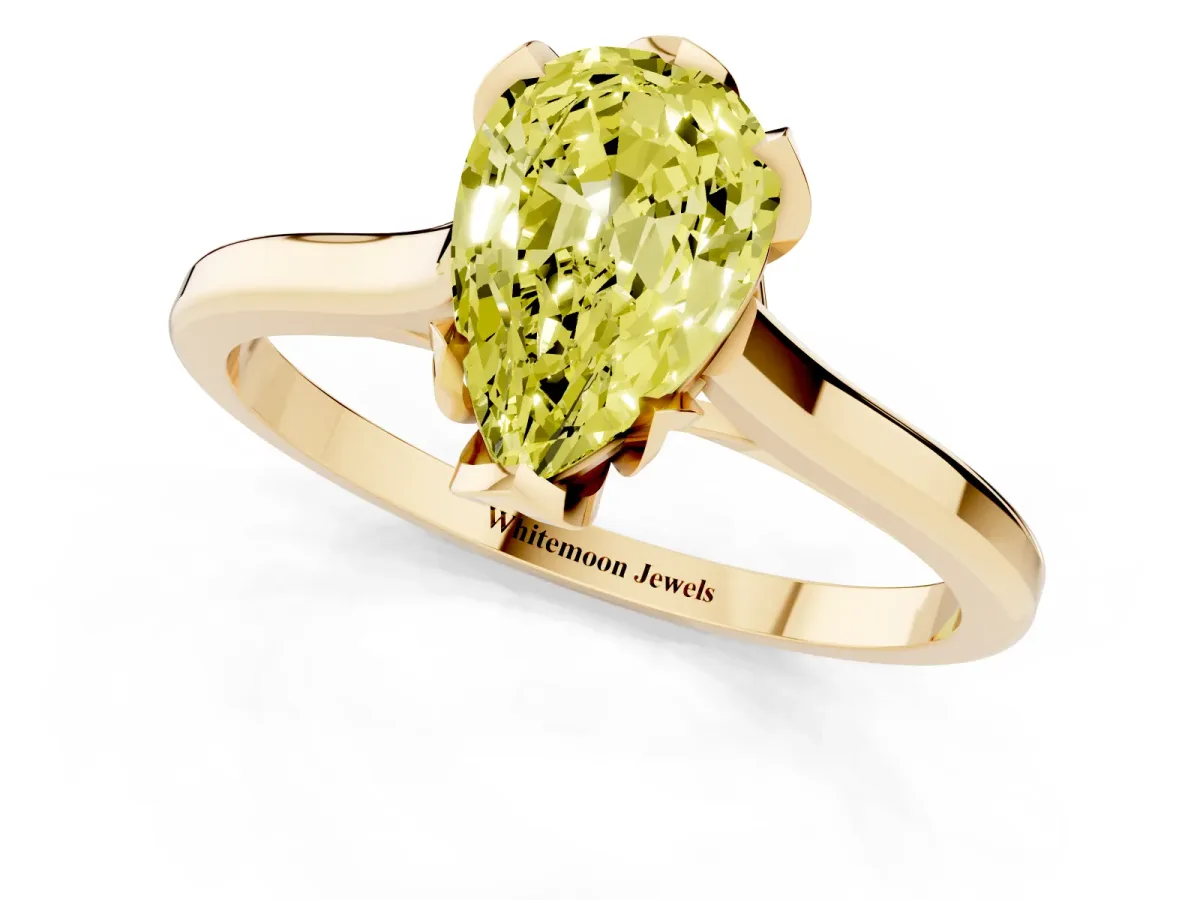 Fancy Yellow Pear Cut Diamond Solitaire Ring with Flower Prong Setting and Classic Band Yellow gold