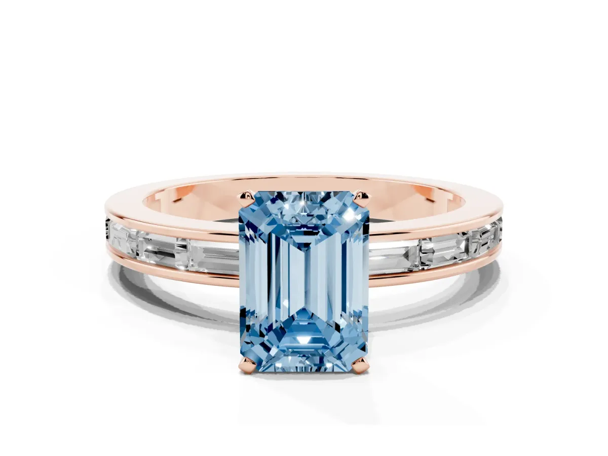 Fancy Blue Emerald Cut Solitaire Diamond Ring with Channel-Set Baguette Band and Four-Prong Setting Rose gold