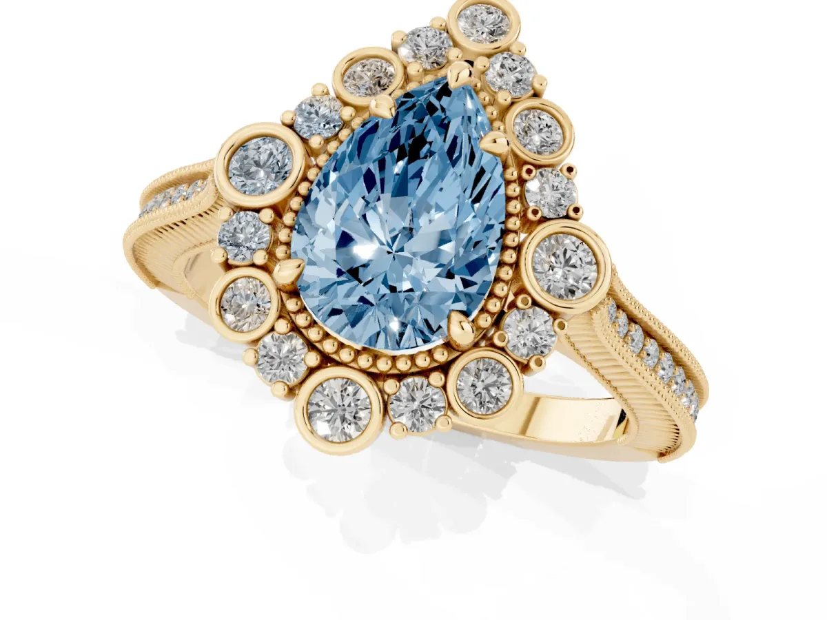 Fancy Blue Pear Cut Halo Milgrain Pave Diamond Ring with Four-Prong Setting Yellow gold