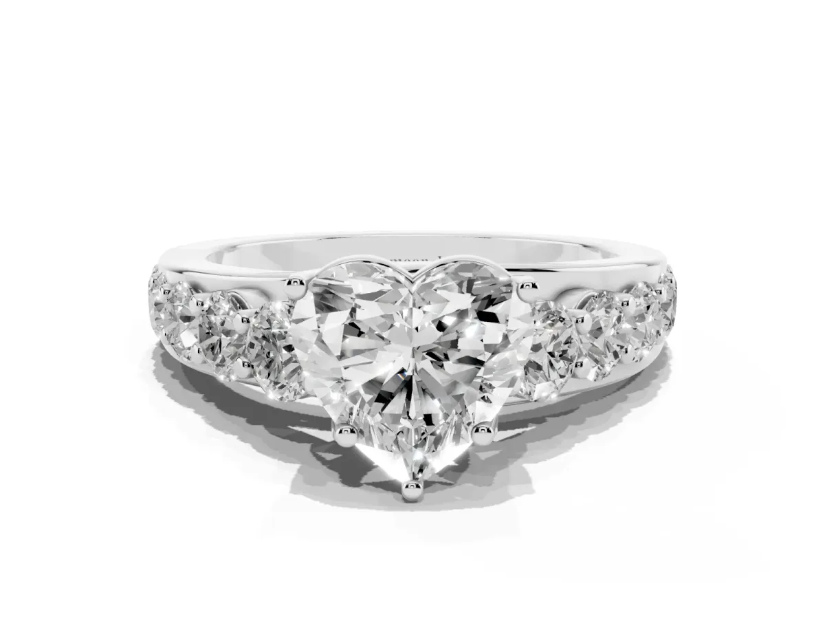 Heart Cut Diamond Engagement Ring with Pavé Band and Four-Prong Setting Silver