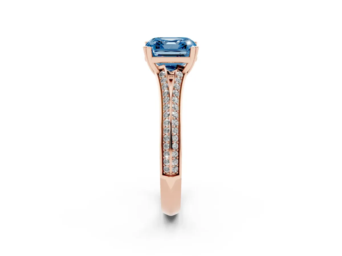 Fancy Blue Asscher Cut Diamond Split Shank Engagement Ring with Pavé Band Rose gold