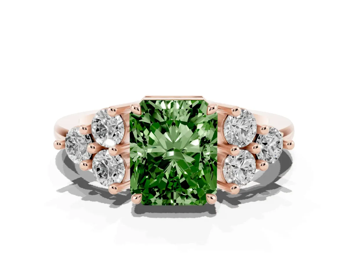 Fancy Green Radiant Cut Brilliant Diamond Cluster Accent Solitaire Ring with Prong Setting Rose gold