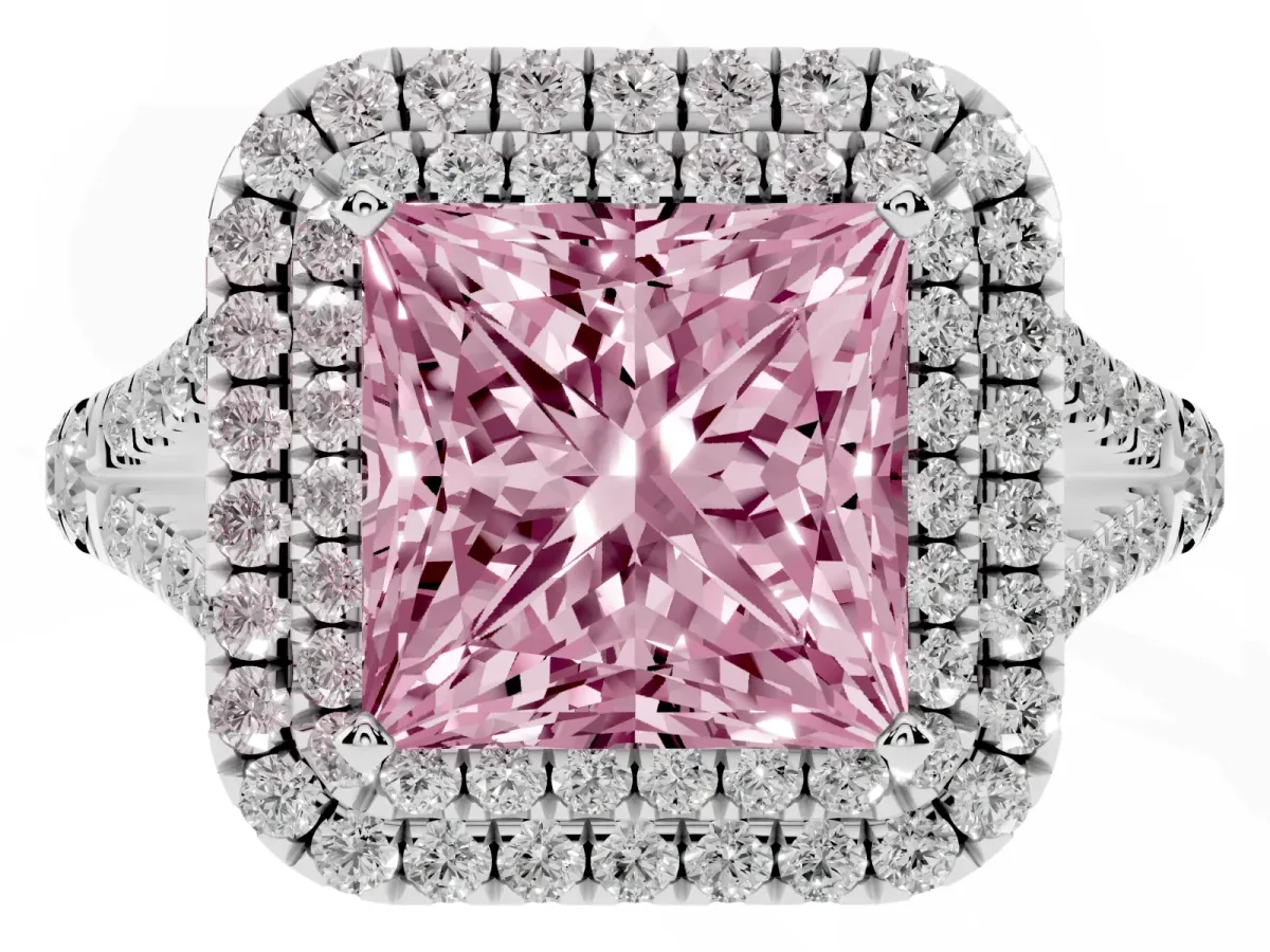Fancy Pink Princess Cut Diamond Double Halo Ring with Split Shank and Prong Setting Platinum