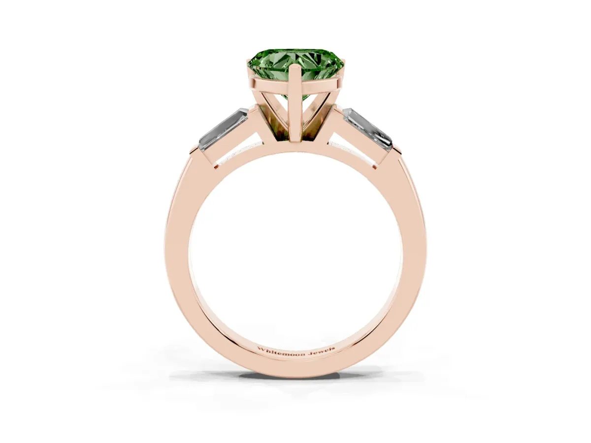 Fancy Green Heart Cut Solitaire with Tapered Baguette Side Stones on a Classic Band with Four-Prong Setting Rose gold