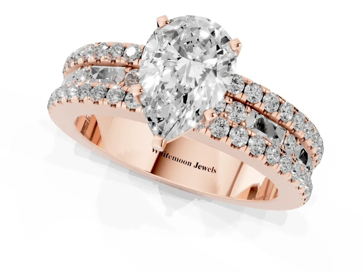 Pear Cut Diamond Solitaire Ring with Pavé and Channel Set Band Rose gold