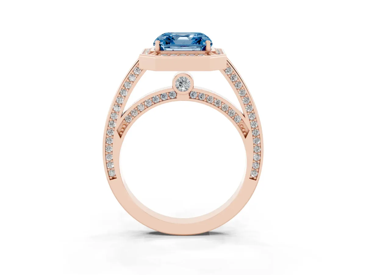 Fancy Blue Asscher Cut Cut Halo Pave Split Shank Prong Setting Ring Rose gold