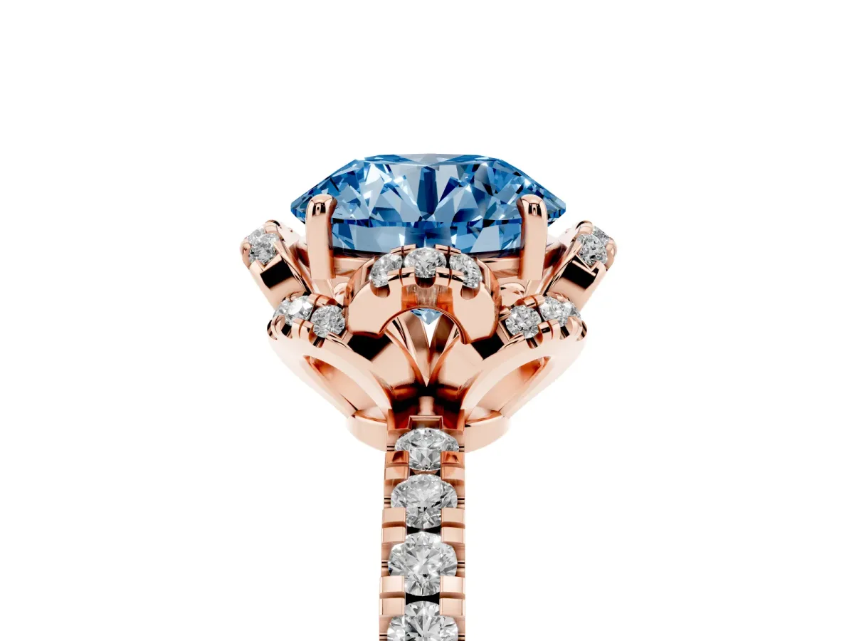 Fancy Blue Round Cut Halo Diamond Pave Band Ring with Four-Prong Setting Rose gold