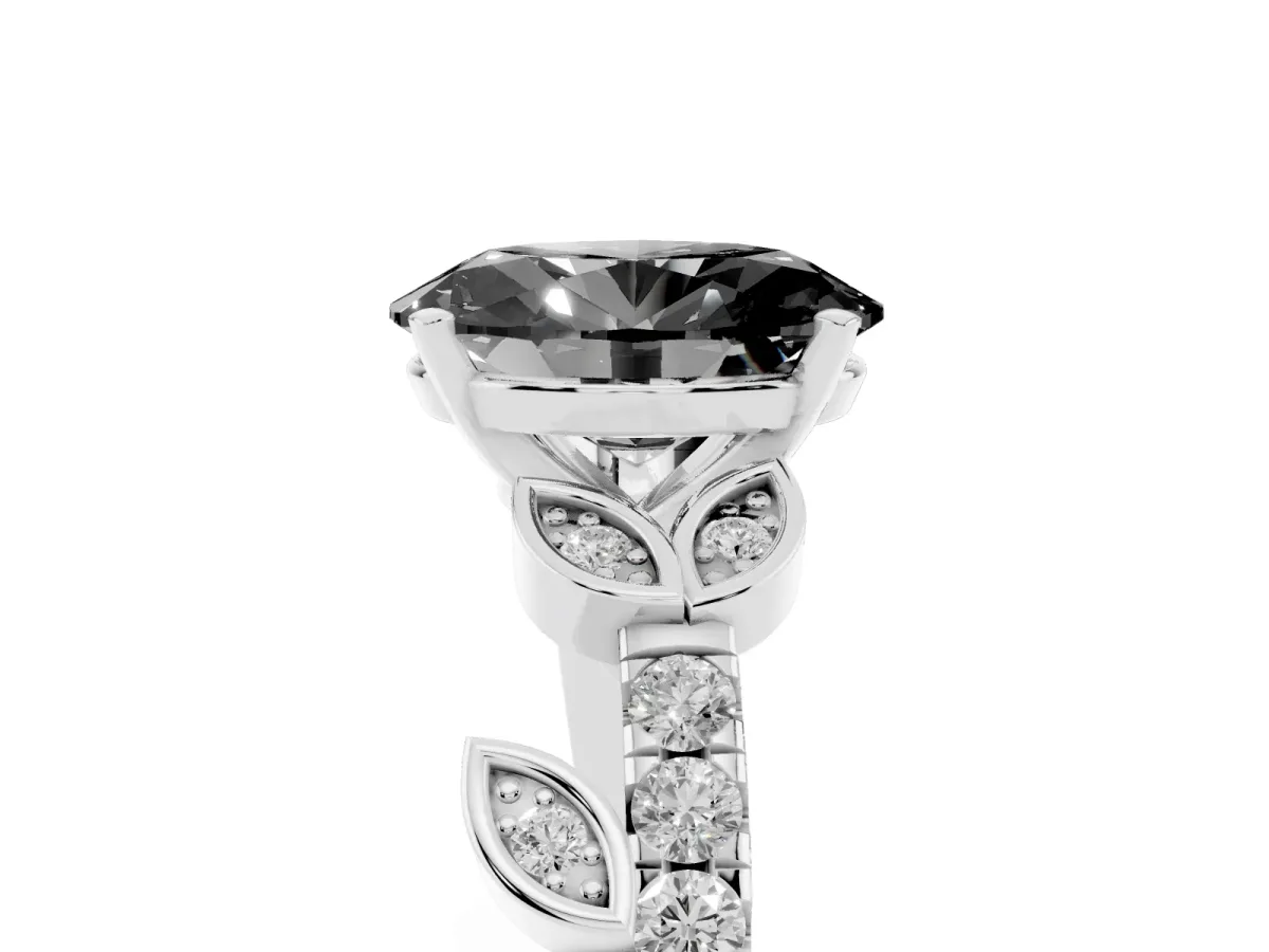 Fancy Black Oval Cut Solitaire Leaf-Inspired Diamond Ring with Pavé Band and Four-Prong Setting Silver