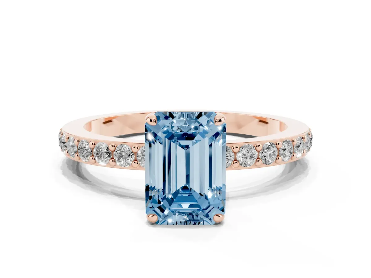 Fancy Blue Emerald Cut Diamond Solitaire Engagement Ring with Pavé Band and Four-Prong Setting Rose gold