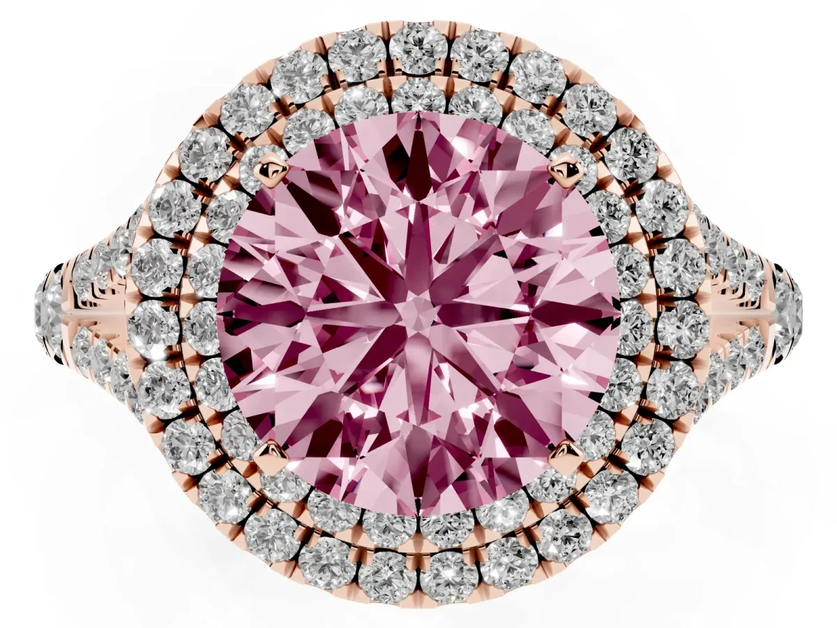 Fancy Pink Round Cut Diamond Double Halo Ring with Split Shank and Prong Setting Rose gold