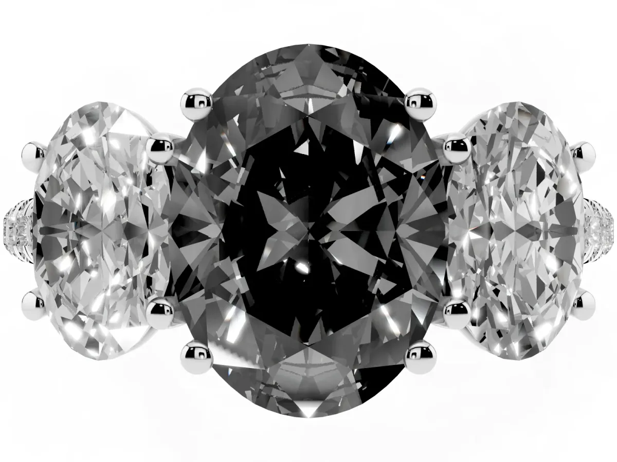 Fancy Black Three-Stone Oval Cut Diamond Ring with Round Pavé Band and Prong Setting Silver