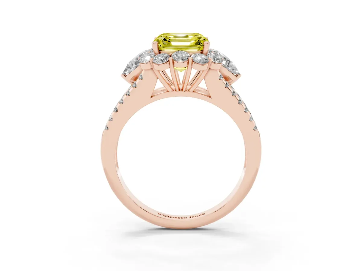 Fancy Yellow Asscher Cut Halo Split Shank Diamond Engagement Ring with Prong Setting Rose gold