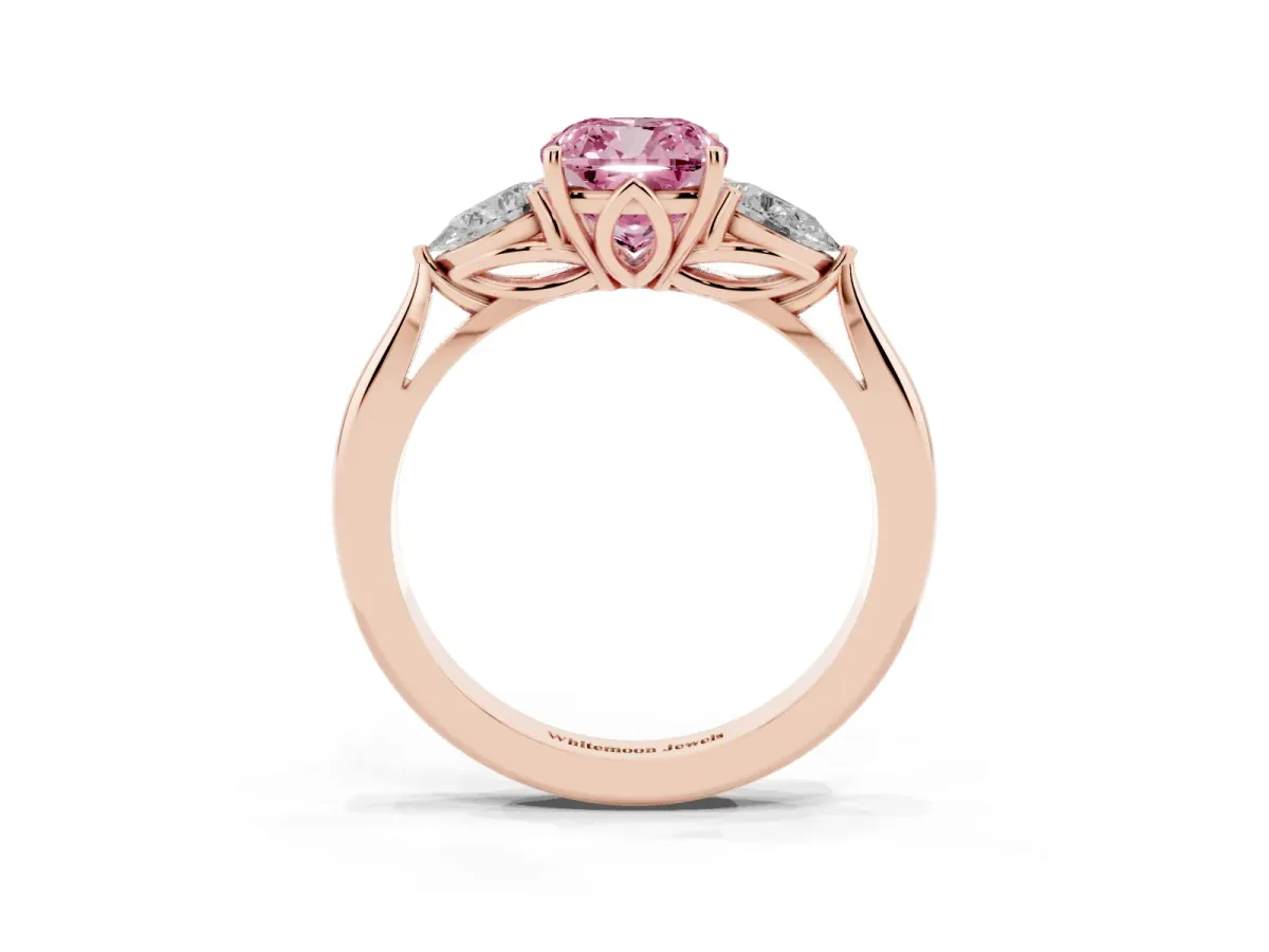 Fancy Pink Cushion Cut Diamond Three-Stone Ring with Pear Side Stones and Prong Setting Rose gold