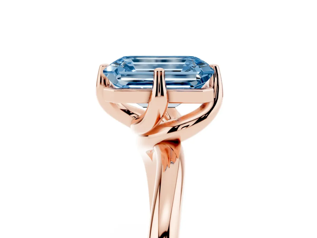 Fancy Blue Emerald Cut Diamond Solitaire Engagement Ring with Four-Prong Setting and Classic Band Rose gold