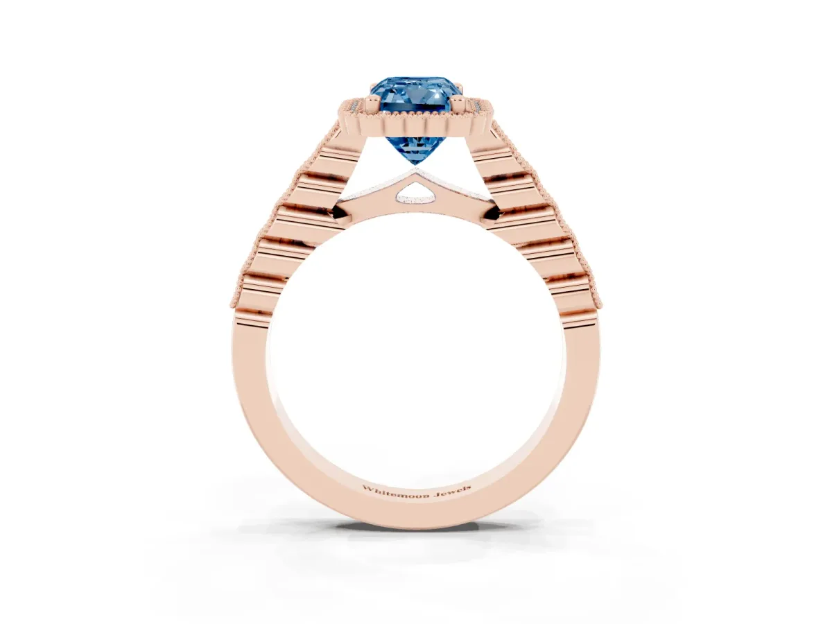 Fancy Blue Radiant Cut Cut Halo Pavé Solitaire Ring with Milgrain Band Rose gold