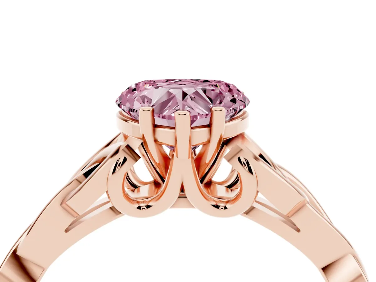 Fancy Pink Heart Cut Diamond Solitaire Engagement Ring with Celtic Knot Band and Four-Prong Setting Rose gold