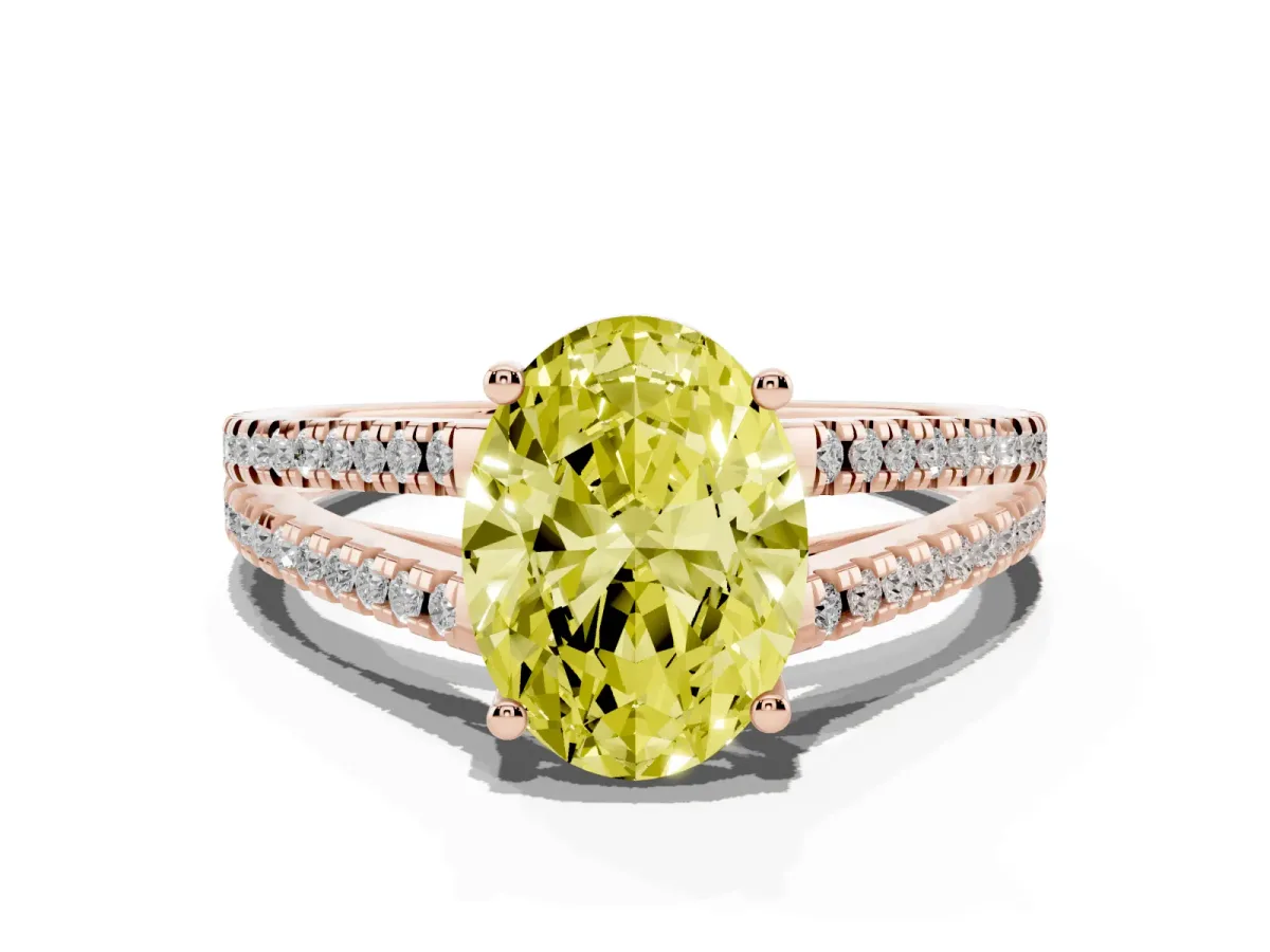 Fancy Yellow Oval Cut Diamond Solitaire Engagement Ring with Split Shank Pavé Band Rose gold