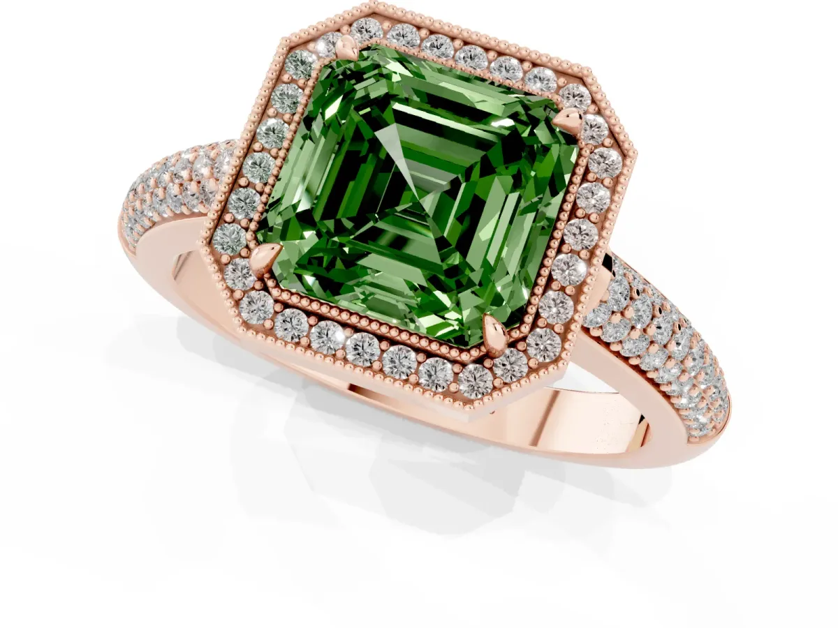 Fancy Green Asscher Cut Cut Halo Diamond Pave Band with Four-Prong Setting Rose gold