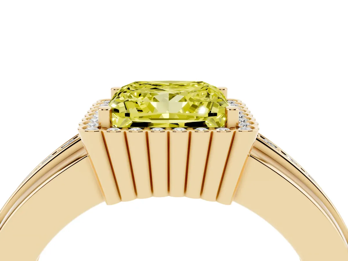 Fancy Yellow Princess Cut Cut Halo Pave Band Four-Prong Ring Yellow gold
