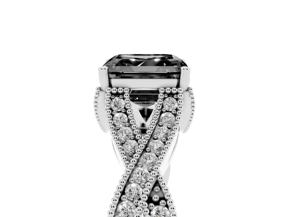Fancy Black Asscher Cut Cut Diamond Twisted Band with Milgrain Pave Setting and Four-Prong Setting Silver