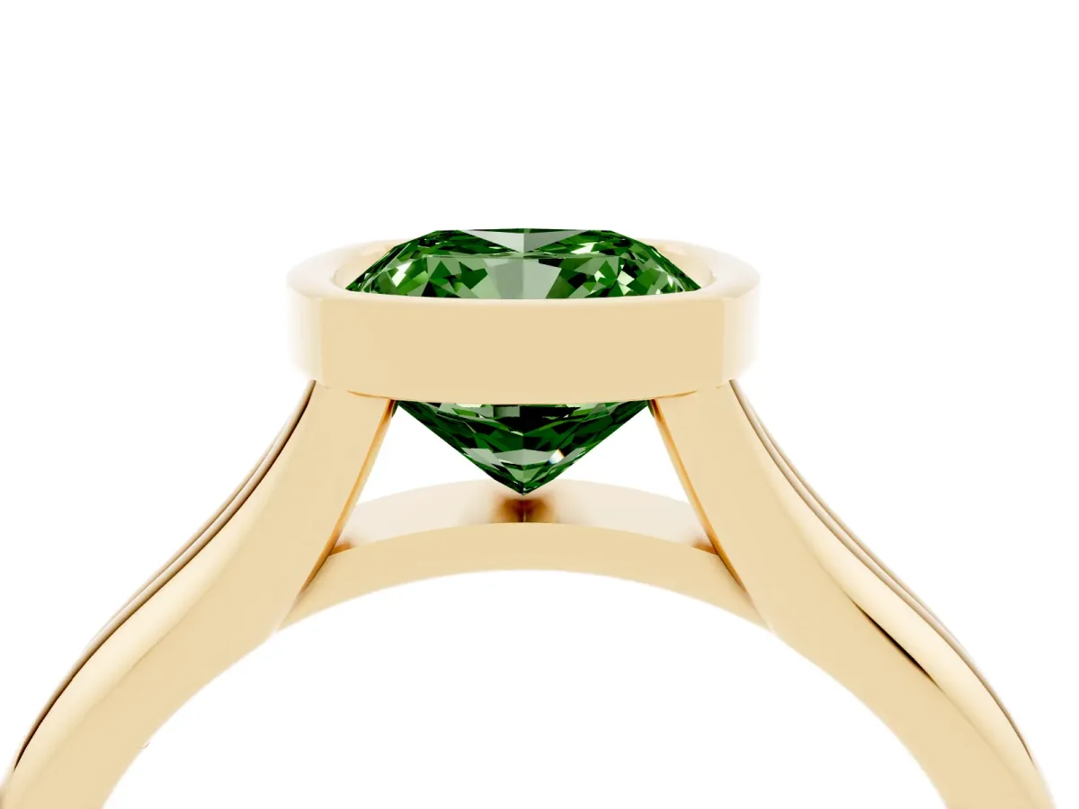 Fancy Green Bezel Set Cushion Cut Solitaire Diamond Ring with Smooth Band Yellow gold