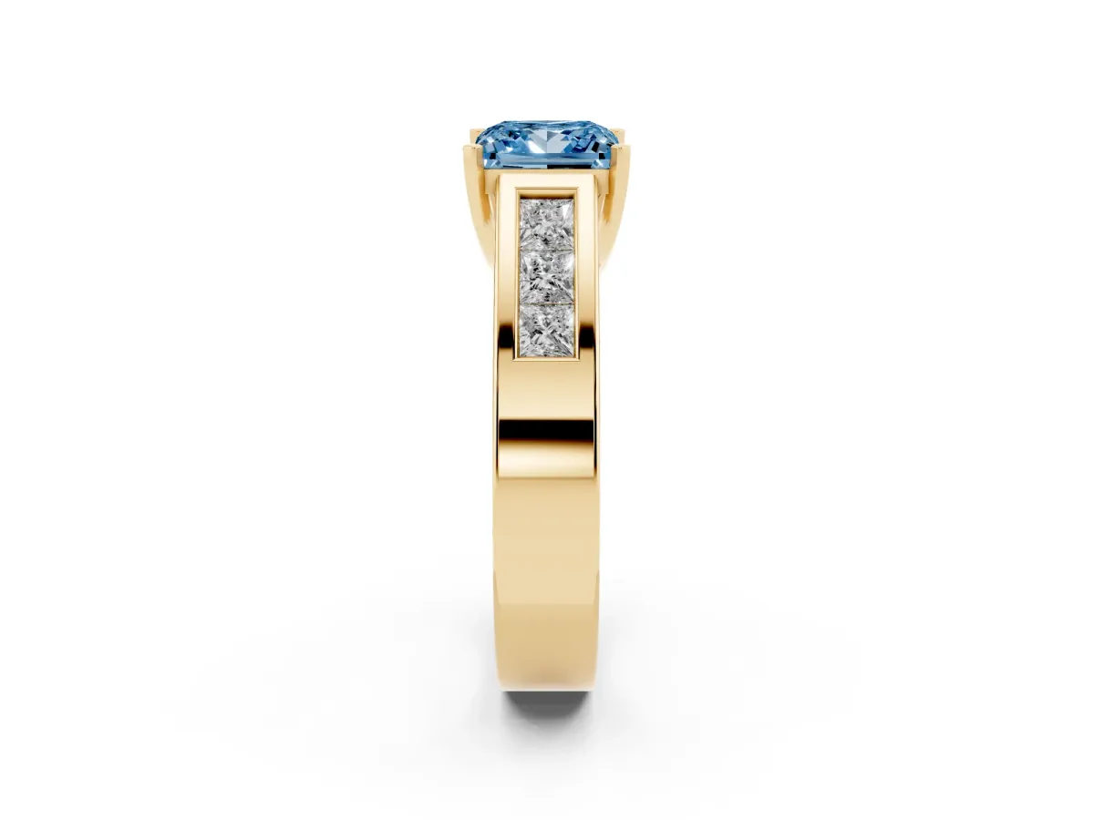 Fancy Blue Princess Cut Cut Channel Set Solitaire Ring with Four-Prong Setting Yellow gold