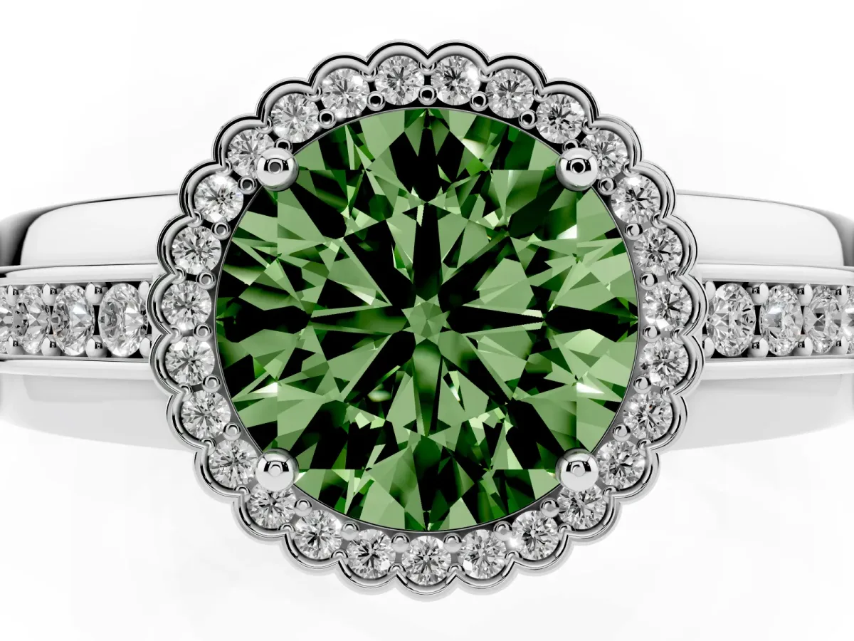 Fancy Green Round Cut Cut Halo Pave Band Four-Prong Ring Platinum