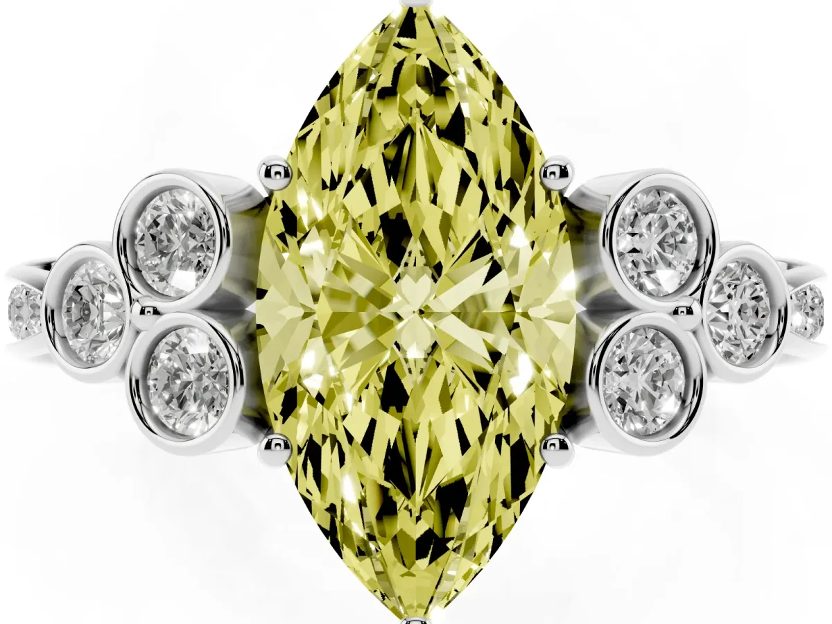Fancy Yellow Marquise Cut Cut Diamond Engagement Ring with Bezel Set Round Side Stones and Prong Setting Silver