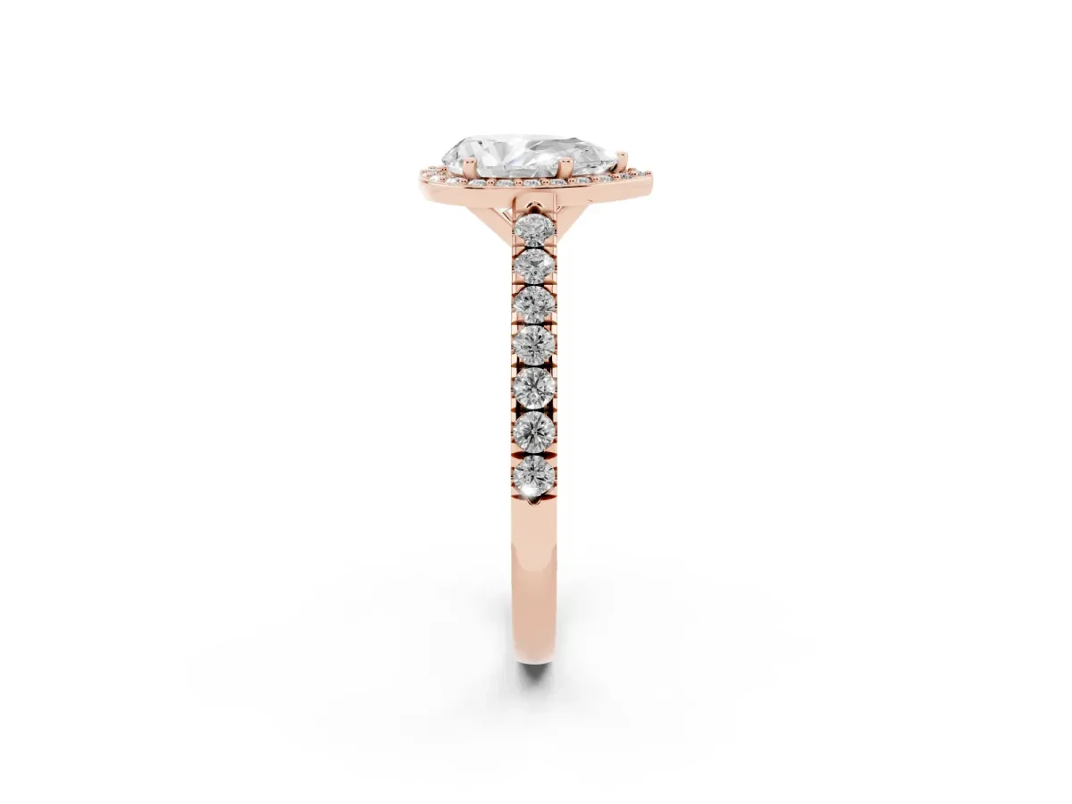 Pear Cut Cut Halo Diamond Engagement Ring with Pave Band and Four-Prong Setting Rose gold