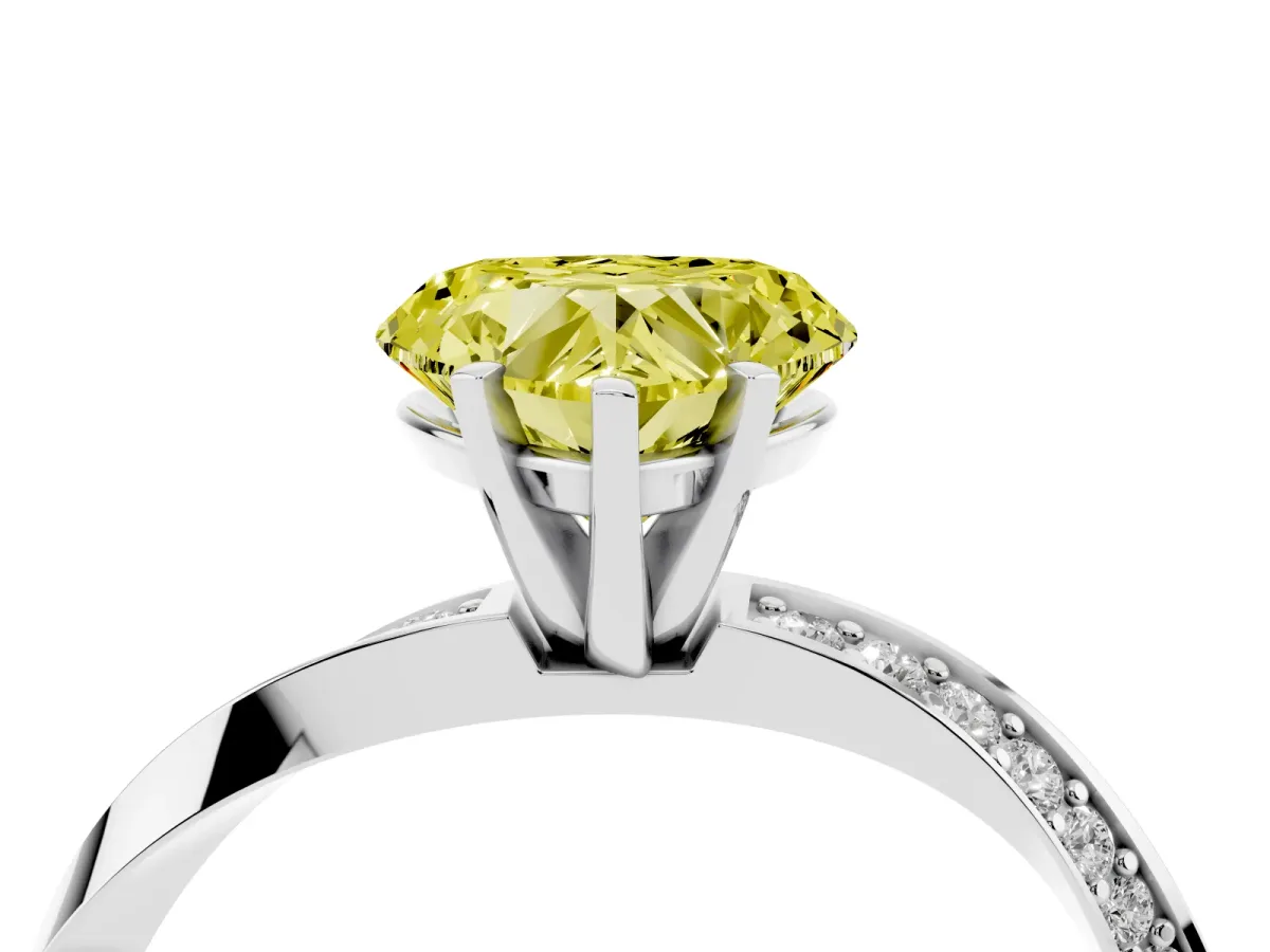 Fancy Yellow Heart Cut Diamond Engagement Ring with Side Stone Accents and Four-Prong Setting Silver