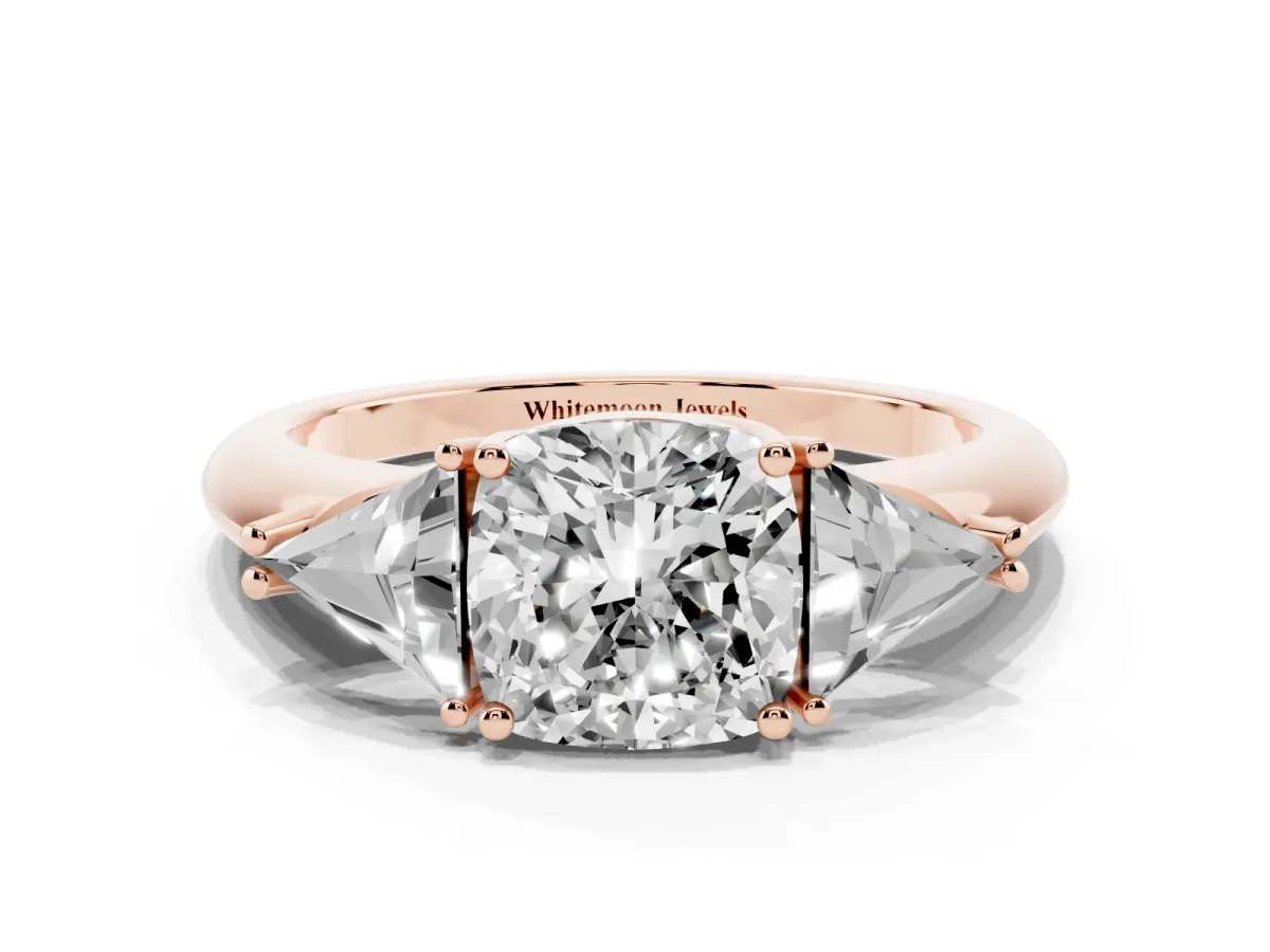Three-Stone Cushion Cut Diamond Engagement Ring with Trillion Side Stones and Prong Setting Rose gold