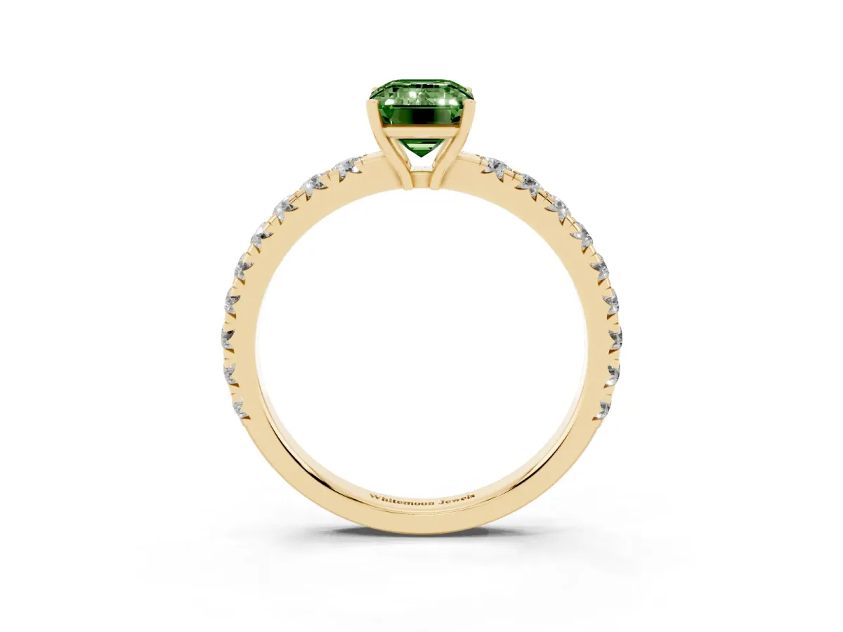 Fancy Green Emerald Cut Diamond Pavé Solitaire Engagement Ring with Four-Prong Setting Yellow gold