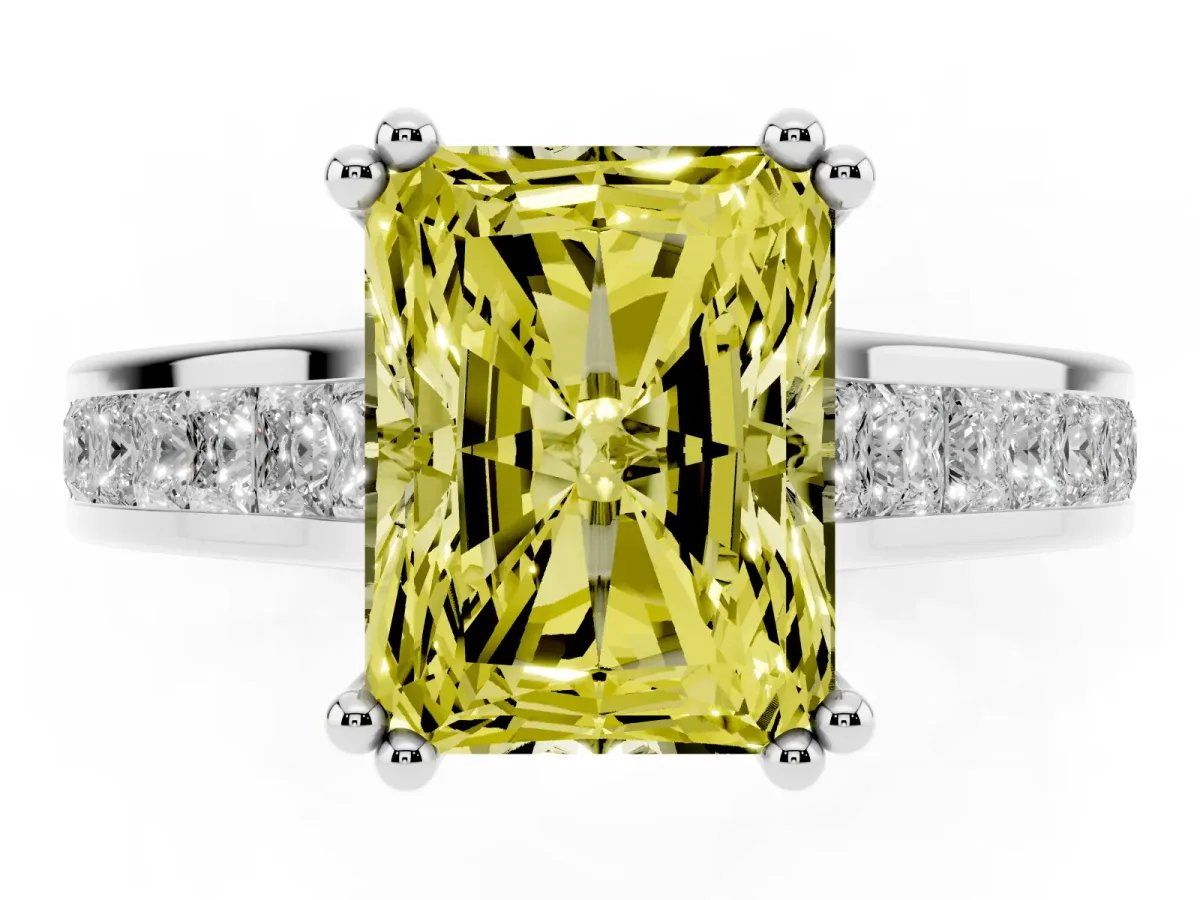 Fancy Yellow Radiant Cut Cut Channel Set Solitaire Engagement Ring with Prong Setting Silver