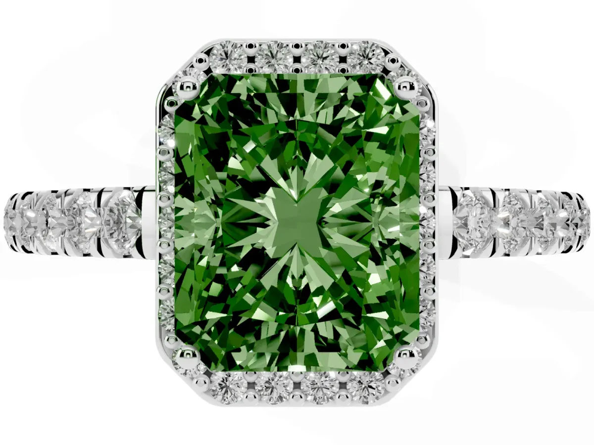 Fancy Green Radiant Cut Cut Halo Diamond Engagement Ring with Pave Band and Four-Prong Setting Platinum