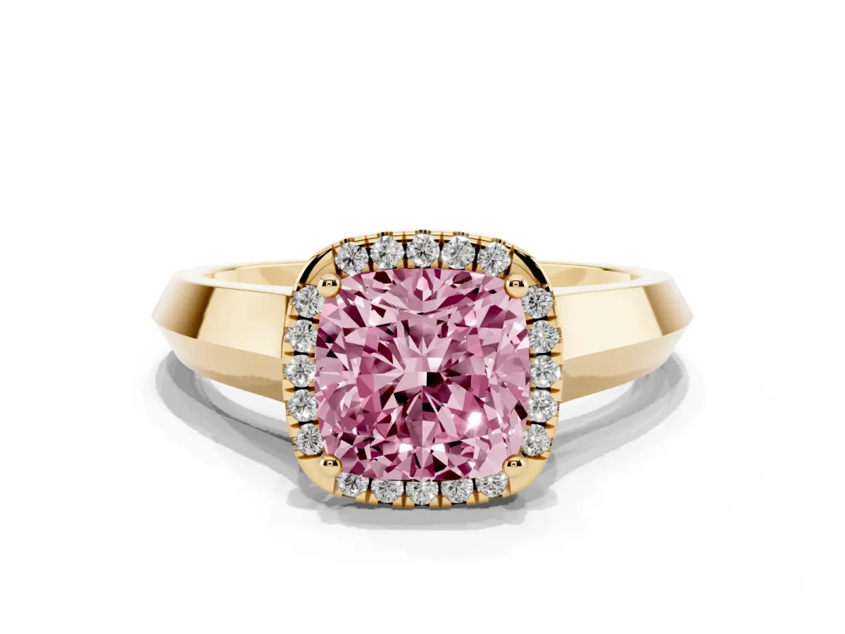 Fancy Pink Cushion Cut Halo Diamond Ring with Cathedral Band and Four-Prong Setting Yellow gold