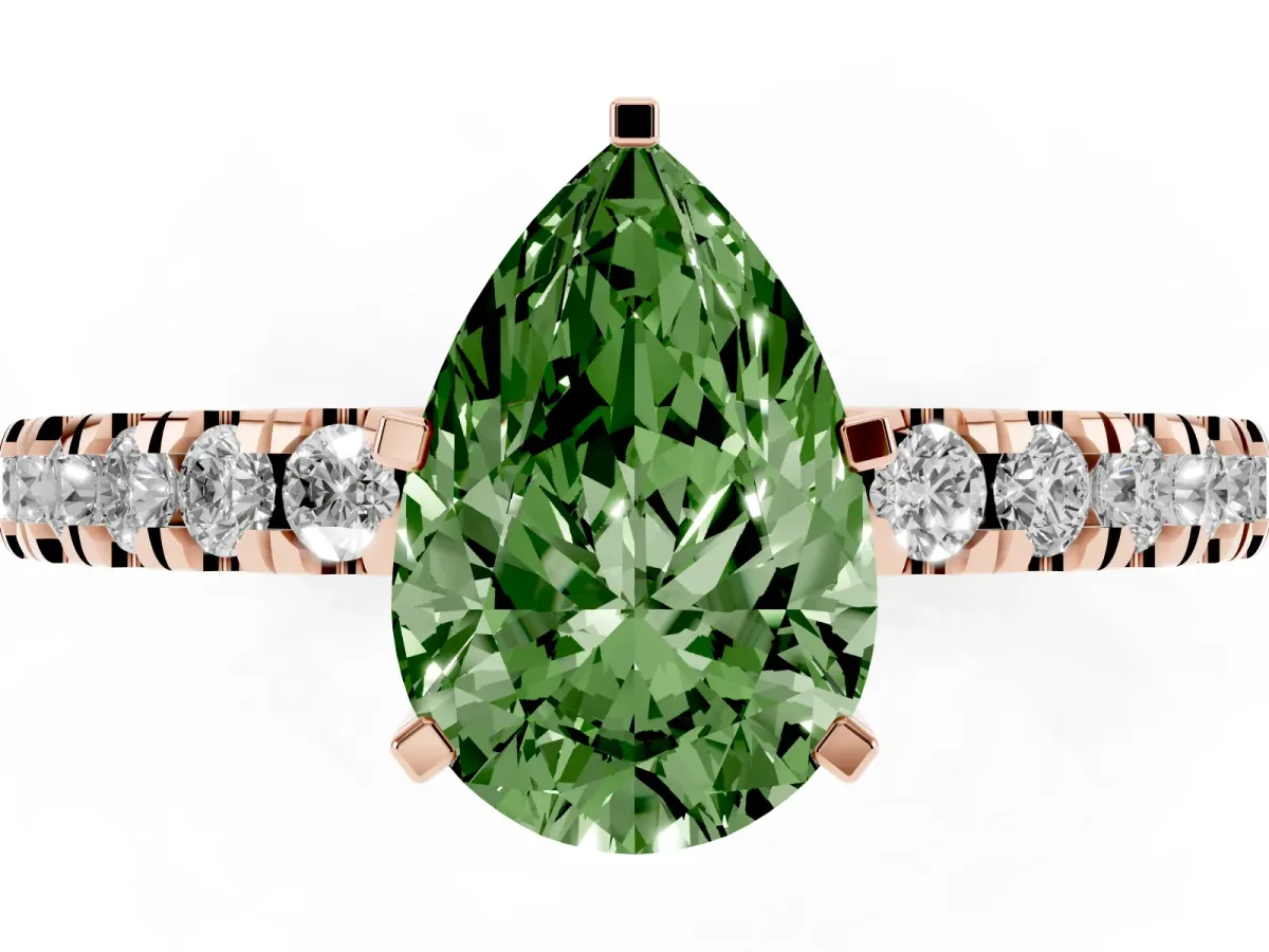 Fancy Green Pear Cut Solitaire Diamond with Pavé Band and Four-Prong Setting Rose gold