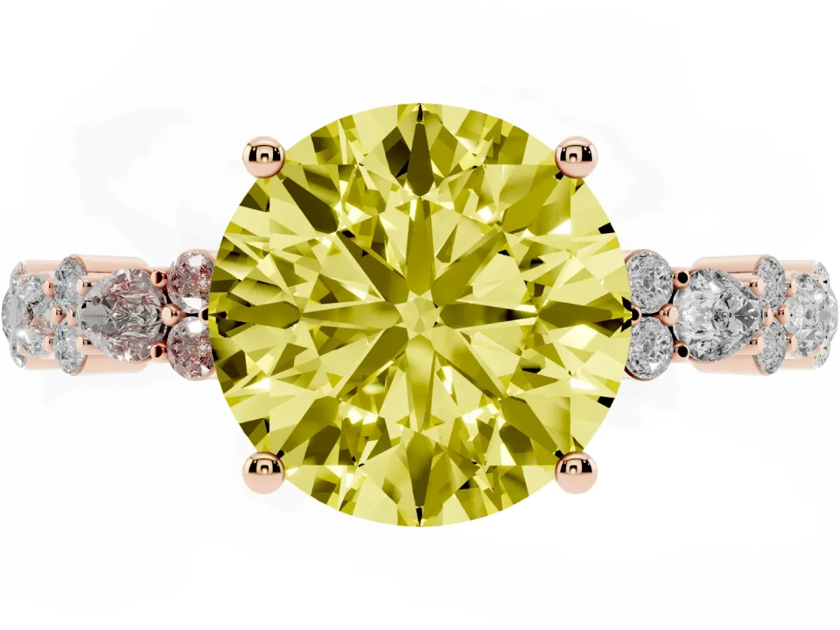Fancy Yellow Round Cut Diamond Side Stone Solitaire Ring with Round and Four-Prong Setting Rose gold