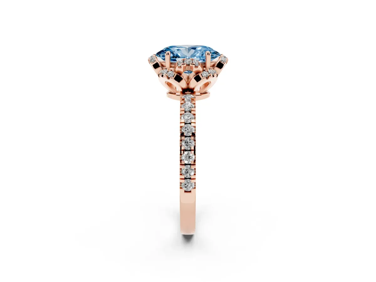 Fancy Blue Oval Cut Halo Diamond Pave Band Ring with Four-Prong Setting Rose gold