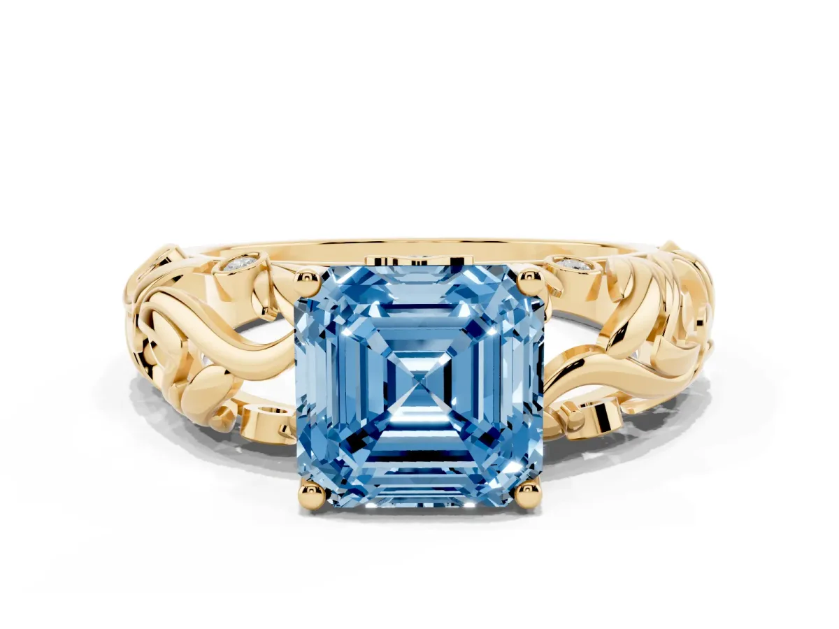 Fancy Blue Asscher Cut Solitaire Diamond Leaf-Inspired Vine Band Ring with Prong Setting Yellow gold
