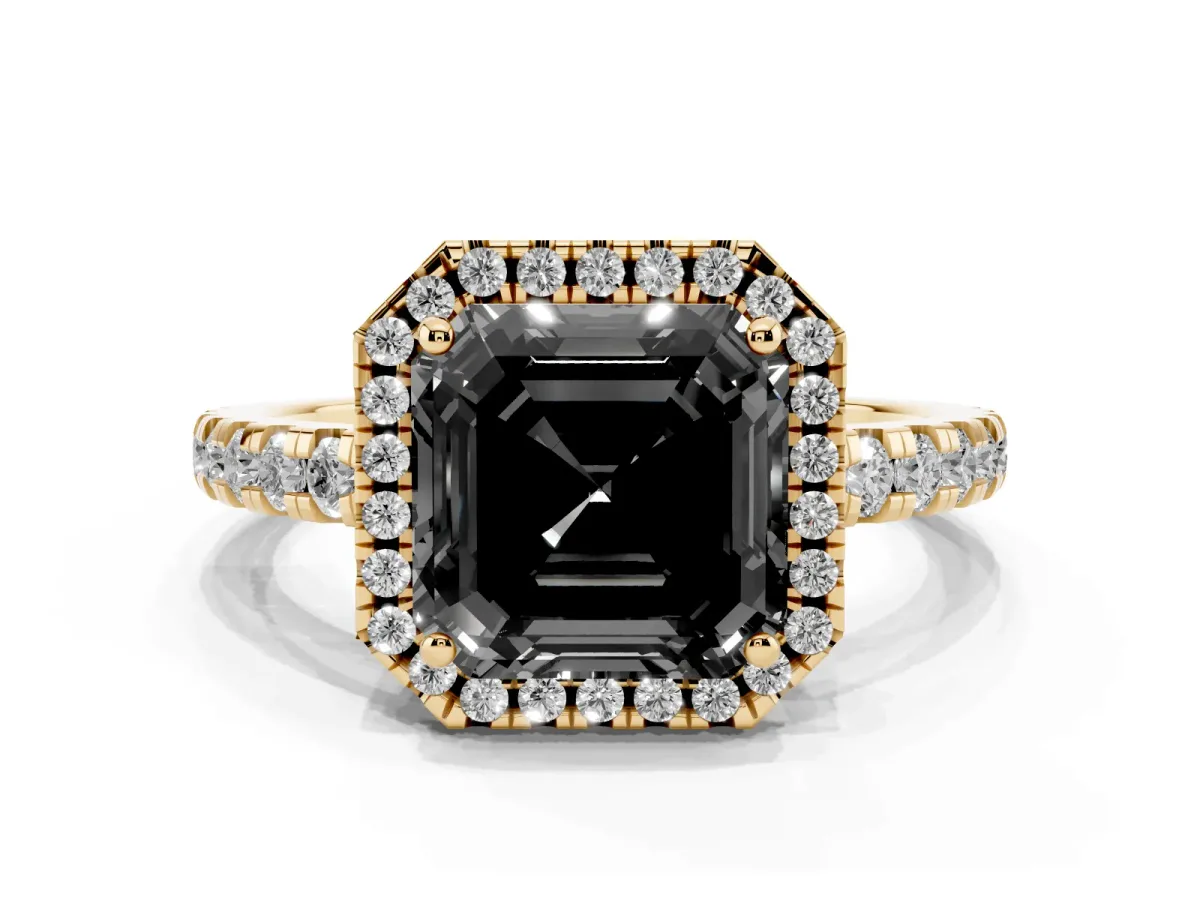 Fancy Black Asscher Cut Diamond Halo Ring with Pavé Band and Four-Prong Setting Yellow gold