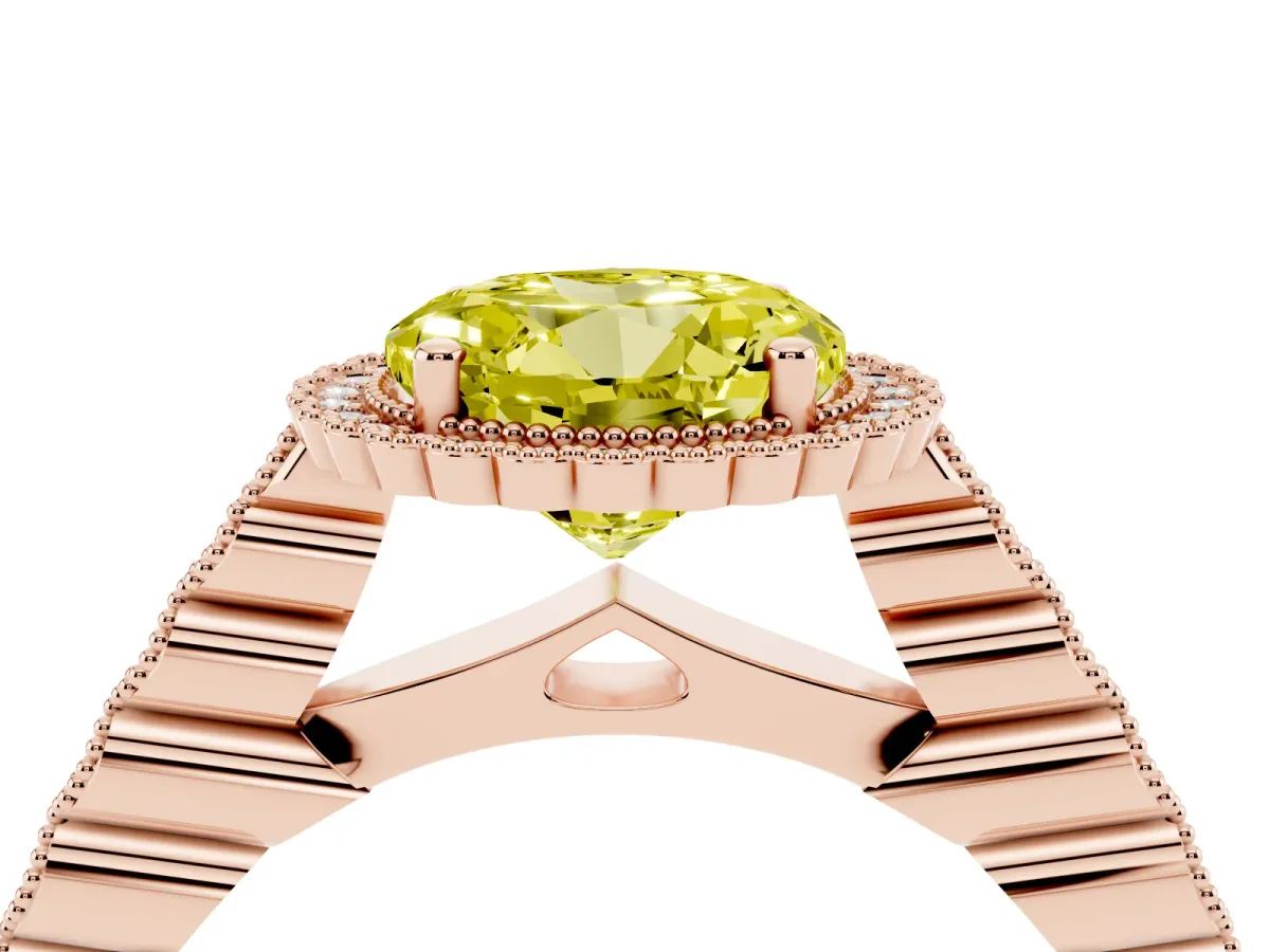 Fancy Yellow Round Cut Cut Halo Pavé Solitaire Ring with Milgrain Band Rose gold