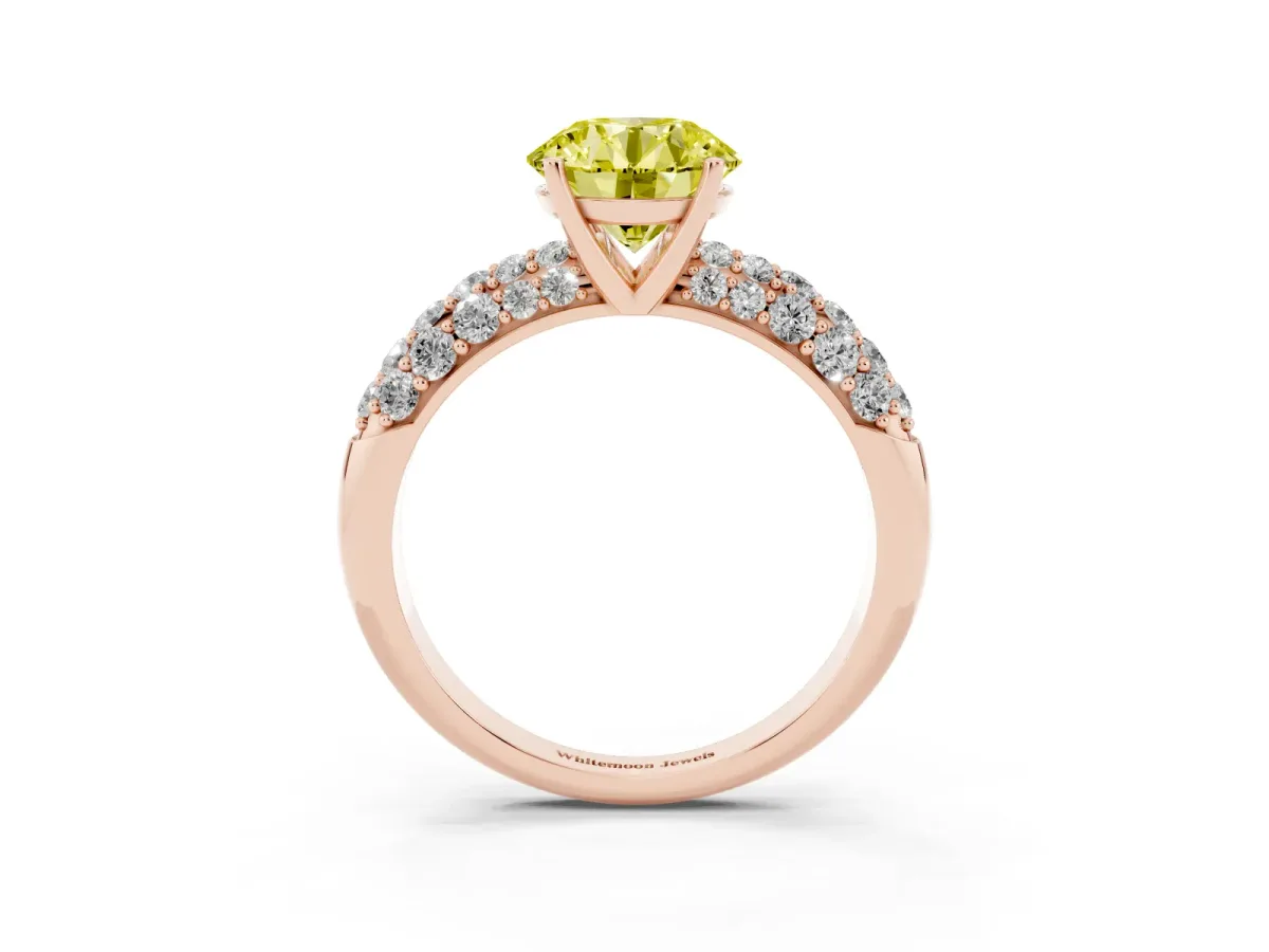 Fancy Yellow Round Cut Diamond Pavé Band Solitaire Ring with Four-Prong Setting Rose gold