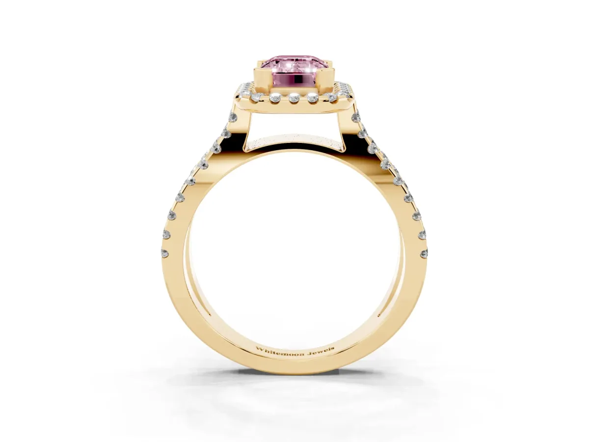 Fancy Pink Emerald Cut Diamond Halo Ring with Split Shank Pavé Band and Prong Setting Yellow gold